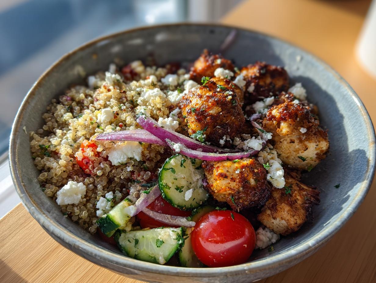A bowl of Greek Chicken Bowls with quinoa, chicken, cucumber, tomatoes, red onion, and feta cheese.