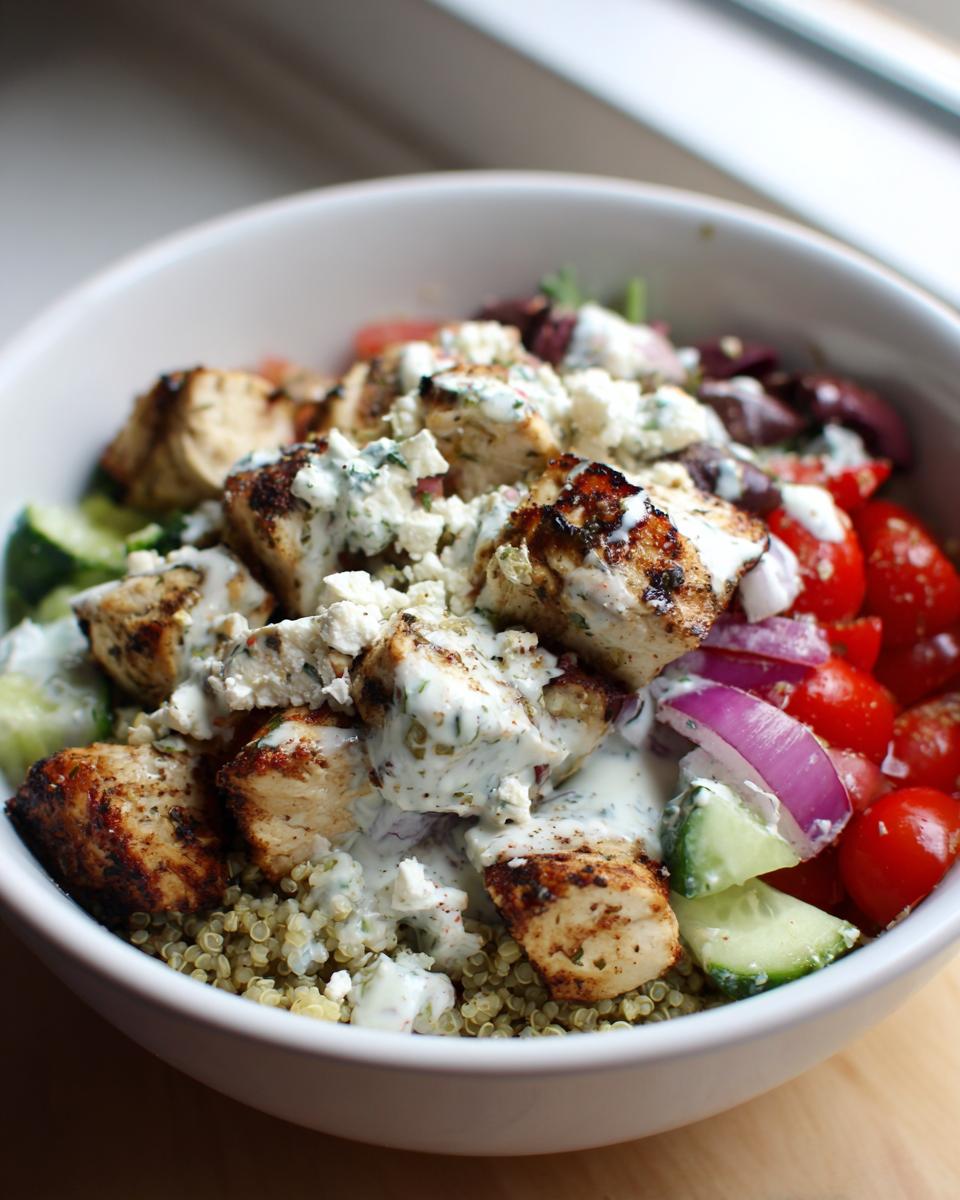 A close-up of a vibrant Greek Chicken Bowl with grilled chicken, quinoa, cucumber, tomatoes, olives, and feta cheese.