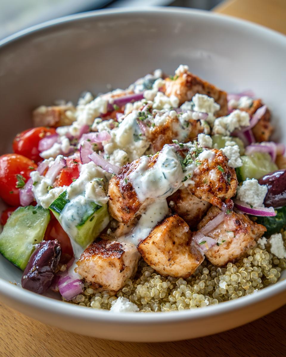 A close-up of Greek Chicken Bowls featuring grilled chicken, quinoa, tomatoes, cucumbers, red onion, olives, and feta cheese.