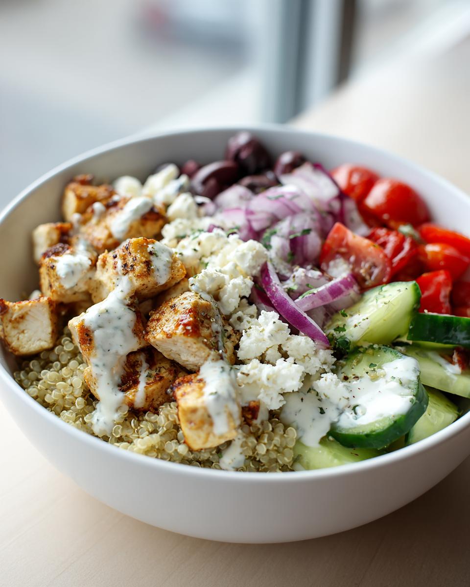 A close-up of a Greek Chicken Bowl featuring quinoa, grilled chicken, cucumber, tomatoes, red onion, olives, and feta cheese with a creamy dressing.