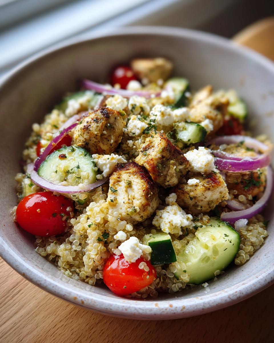 A close-up of a Greek Chicken Bowl with quinoa, grilled chicken, cucumber, tomatoes, red onion, and feta cheese.