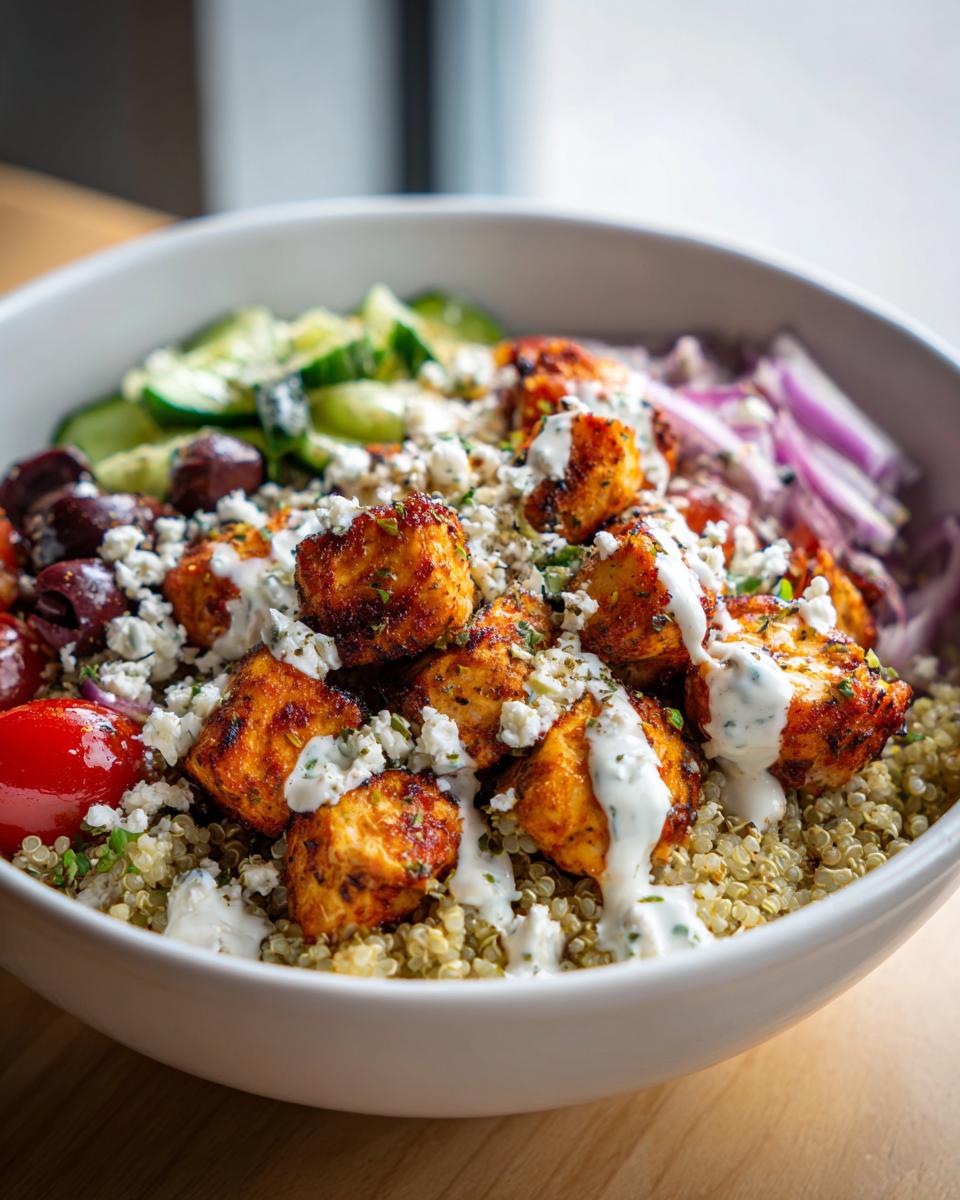 A close-up of a vibrant Greek Chicken Bowl with seasoned chicken, quinoa, cucumbers, tomatoes, olives, feta, and tzatziki sauce.