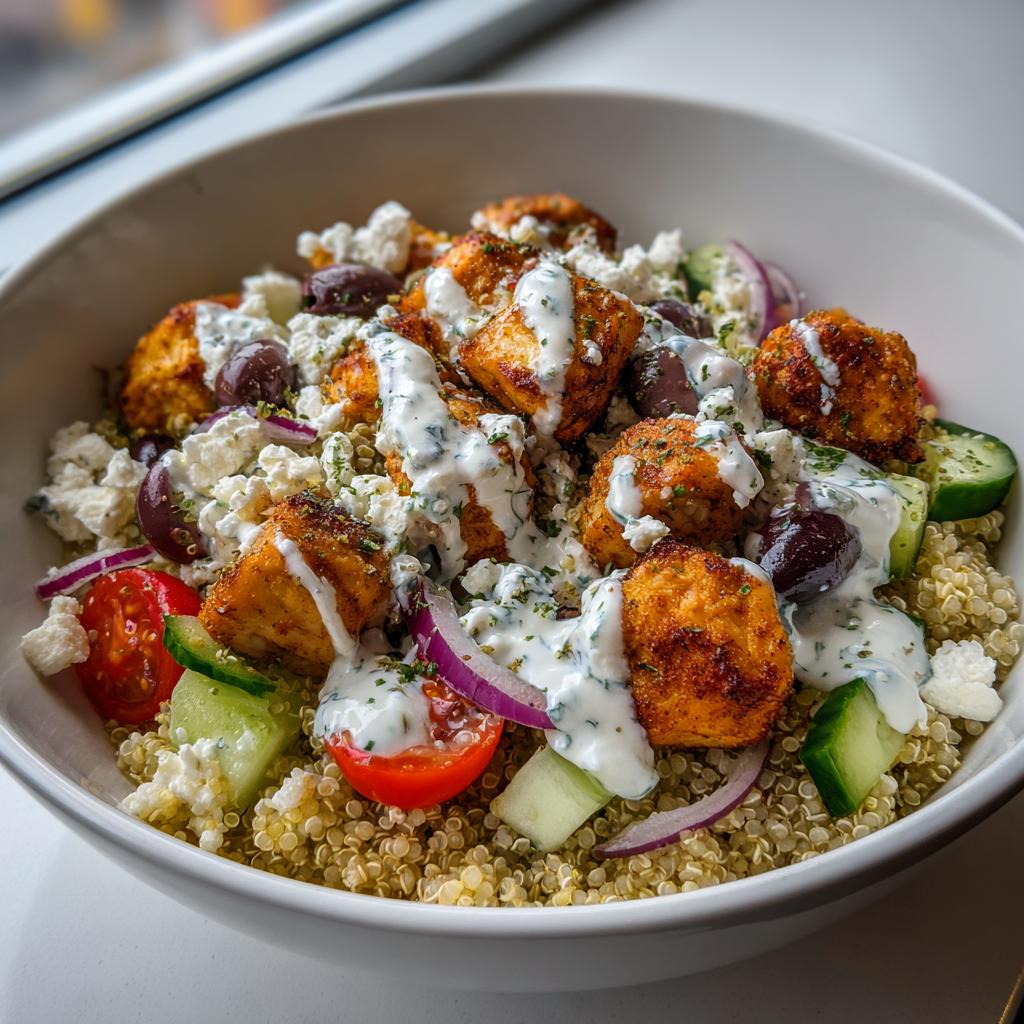 A vibrant bowl of Greek Chicken Bowls featuring seasoned chicken, quinoa, cucumber, tomatoes, red onion, olives, and feta cheese with a drizzle of tzatziki sauce.