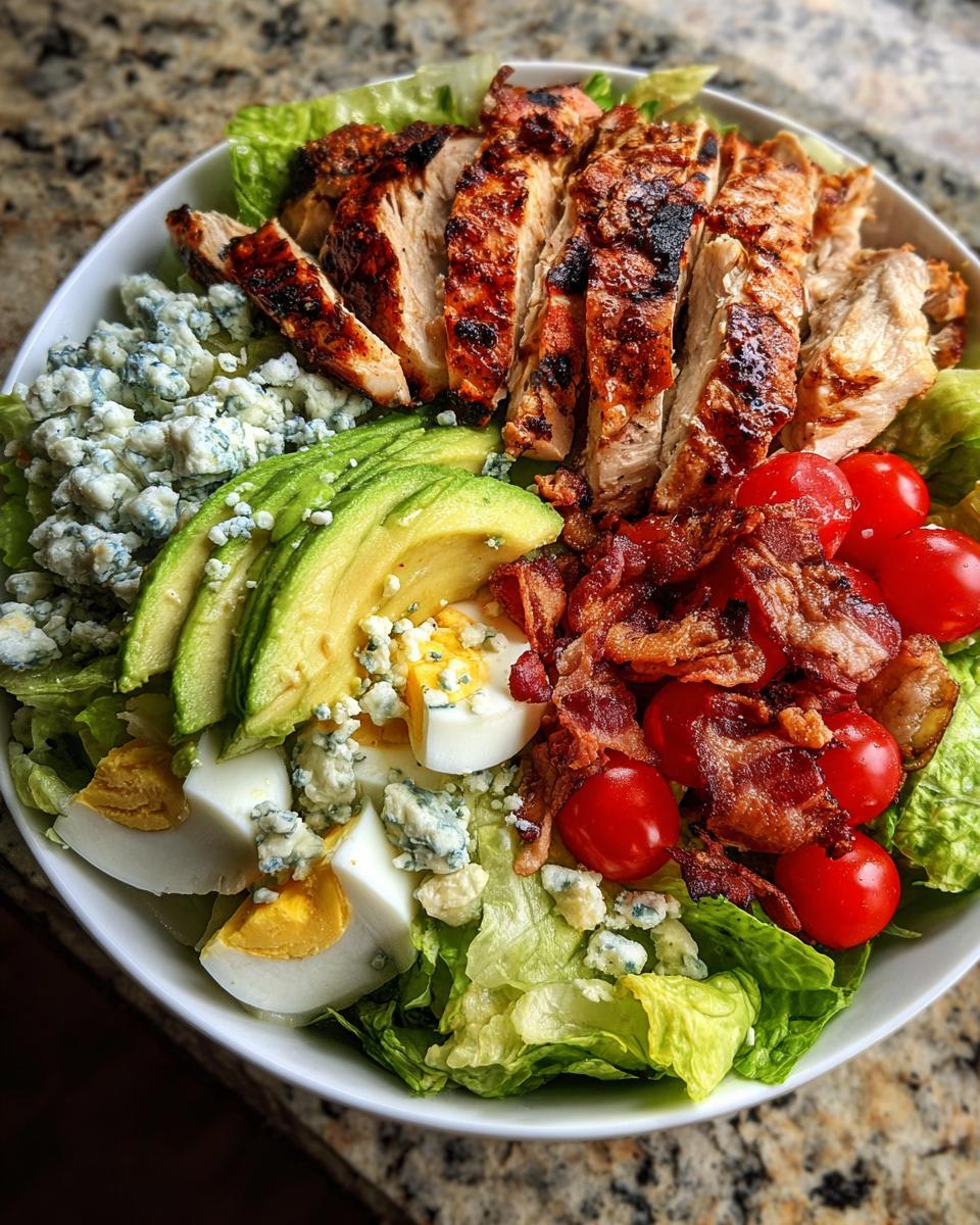 A vibrant Summer Salad Recipe featuring a Grilled Chicken Cobb Bowl with avocado, bacon, blue cheese, and tomatoes.