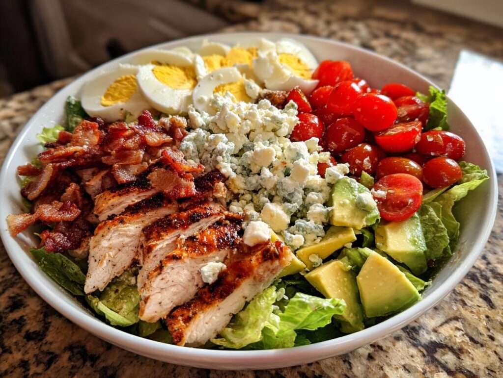 A vibrant and delicious grilled chicken Cobb bowl, featuring fresh lettuce, sliced chicken, bacon, hard-boiled eggs, tomatoes, avocado, and blue cheese.
