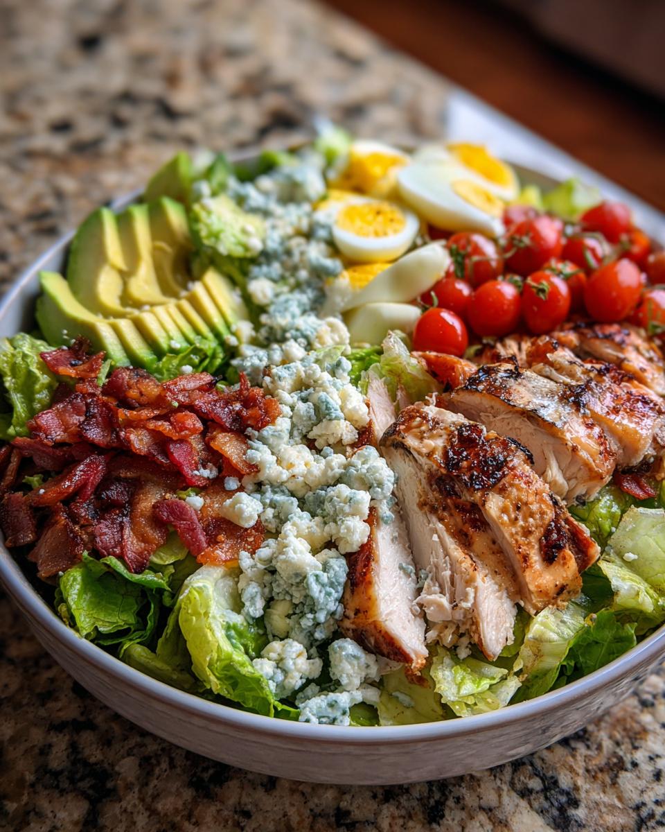 A vibrant Summer Salad Recipe featuring a Grilled Chicken Cobb Bowl with avocado, bacon, blue cheese, and cherry tomatoes.