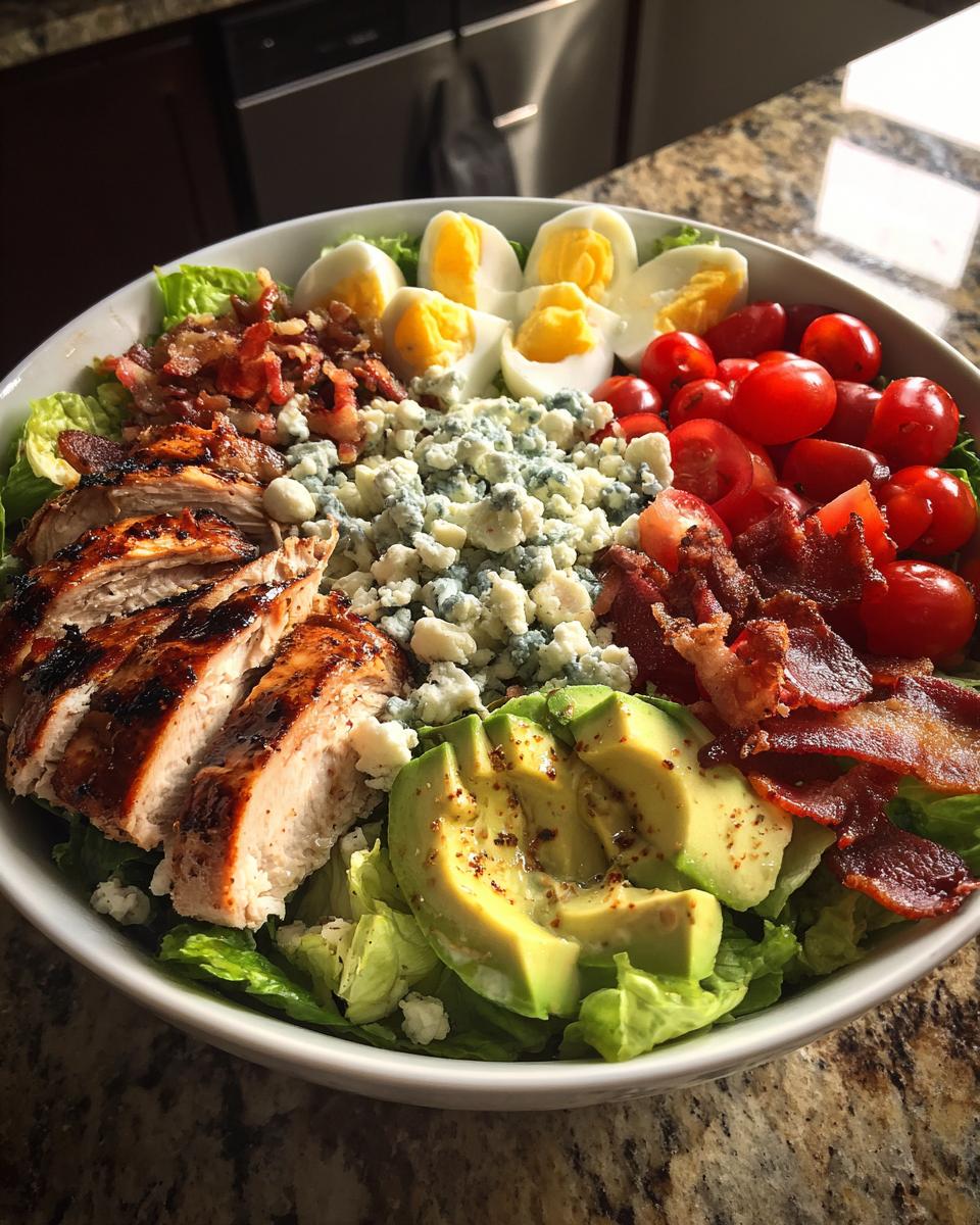 A vibrant Summer Salad Recipe featuring a grilled chicken Cobb bowl with avocado, bacon, eggs, and tomatoes.