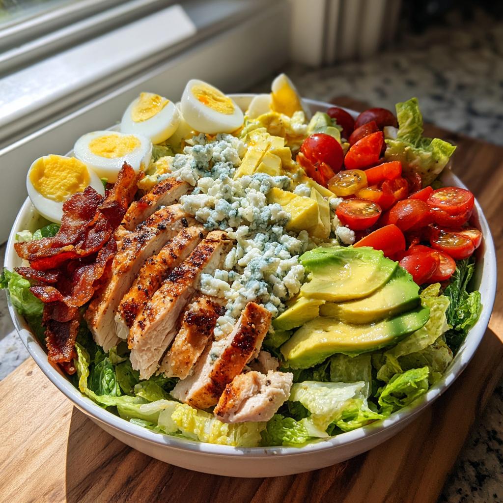 A vibrant grilled chicken cobb salad bowl with lettuce, chicken, bacon, hard-boiled eggs, avocado, tomatoes, and blue cheese.
