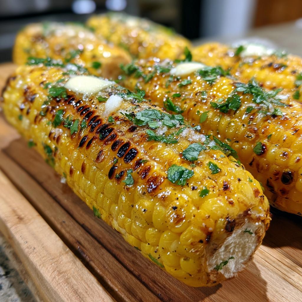 Close-up of grilled corn on the cob, topped with melting butter and fresh chopped herbs, showcasing grill marks.