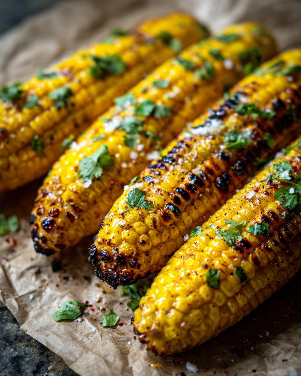 Close-up of perfectly grilled corn on the cob, seasoned with herbs and spices, showcasing its delicious texture.