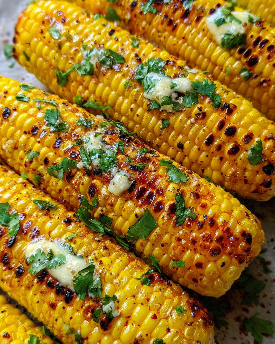 Close-up of grilled corn on the cob, glistening with butter and sprinkled with fresh parsley and spices.
