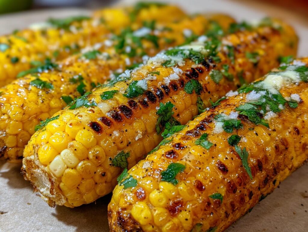 Close-up of perfectly grilled corn on the cob, glistening with butter and sprinkled with fresh herbs.
