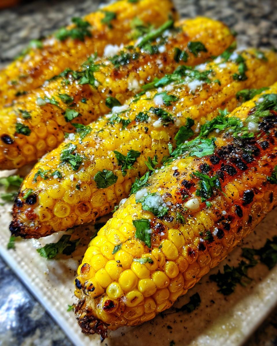 Close-up of grilled corn on the cob, seasoned with herbs, cheese, and spices, showcasing grill marks.