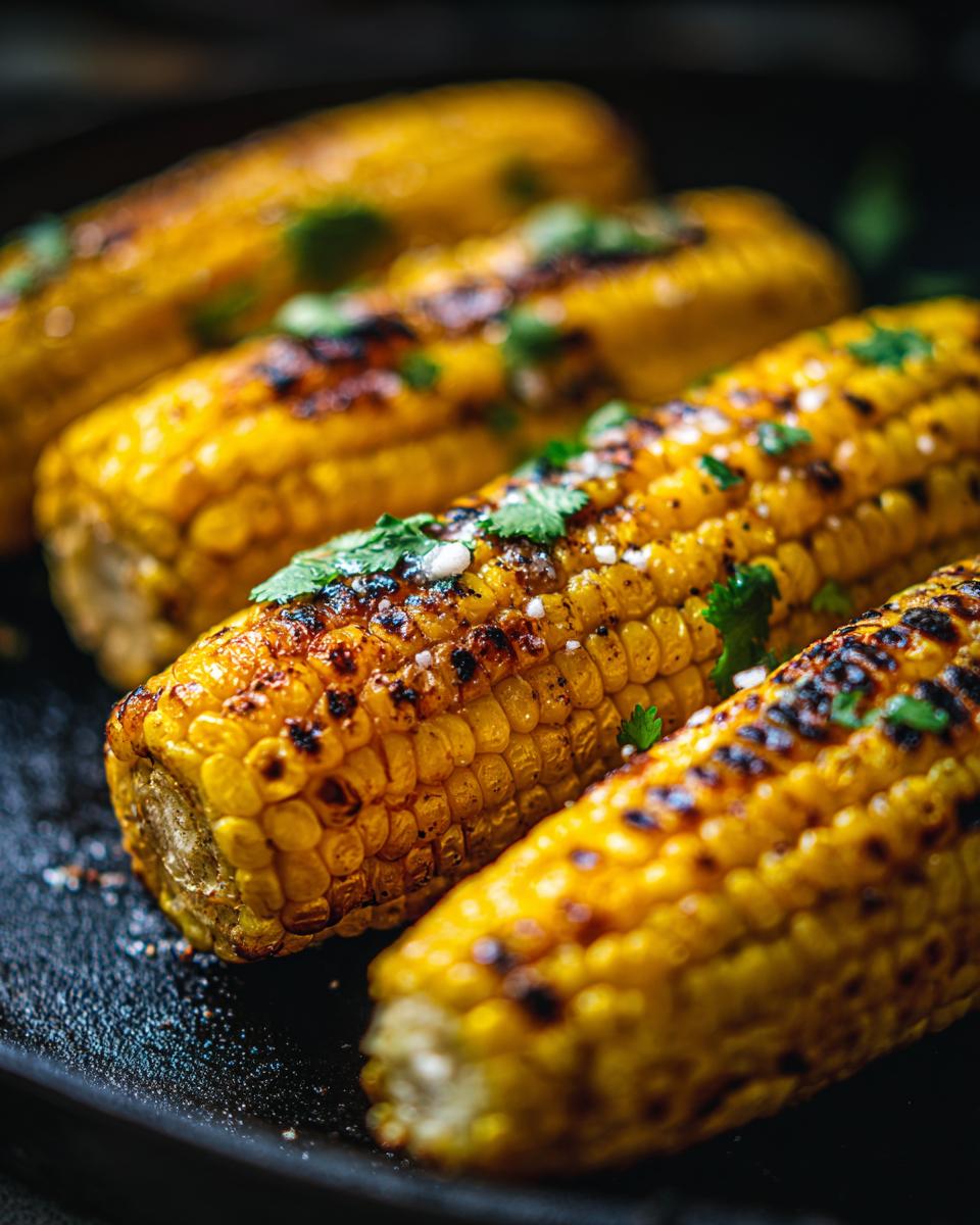 Close-up of grilled corn on the cob, seasoned with salt and fresh herbs, showcasing char marks.