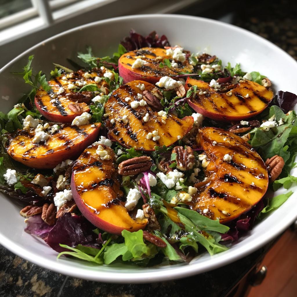 A vibrant salad featuring grilled peach slices, crumbled feta cheese, pecans, and mixed greens, drizzled with honey dressing.