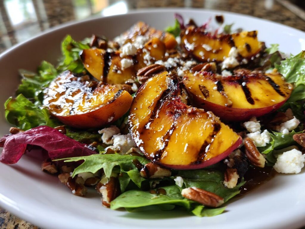 Close-up of a grilled peach salad with fresh greens, crumbled feta cheese, pecans, and a drizzle of honey dressing.