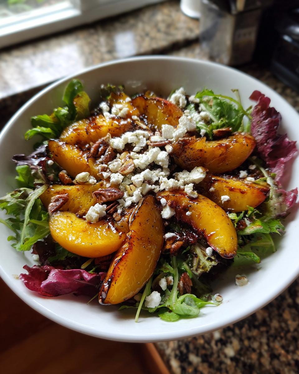 A refreshing grilled peach salad with mixed greens, crumbled feta cheese, pecans, and a honey dressing.