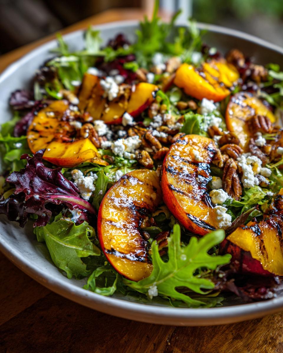 Close-up of a vibrant grilled peach salad with mixed greens, crumbled feta, pecans, and a honey dressing.