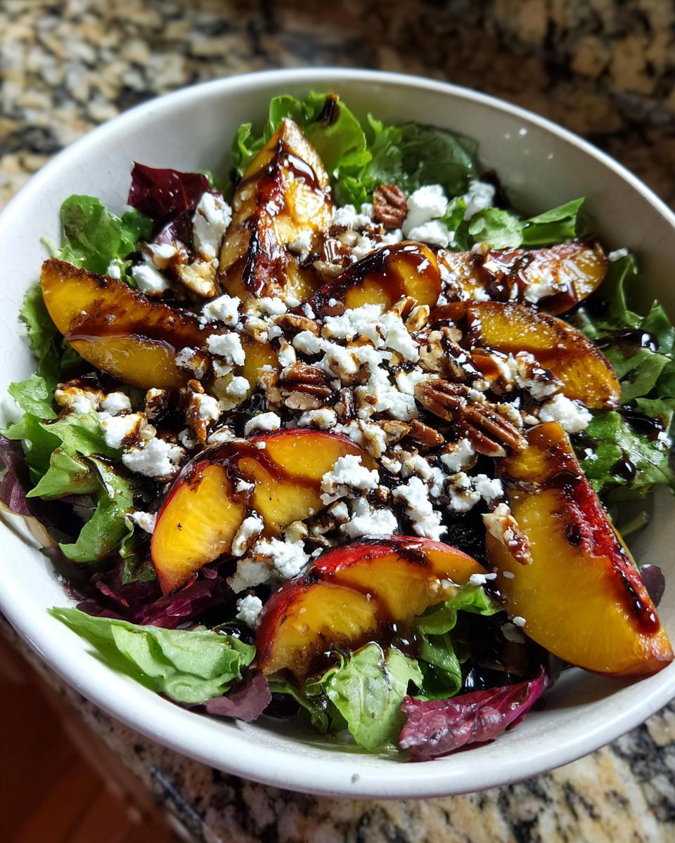 A bowl of grilled peach salad with mixed greens, feta cheese, pecans, and drizzled with honey dressing.