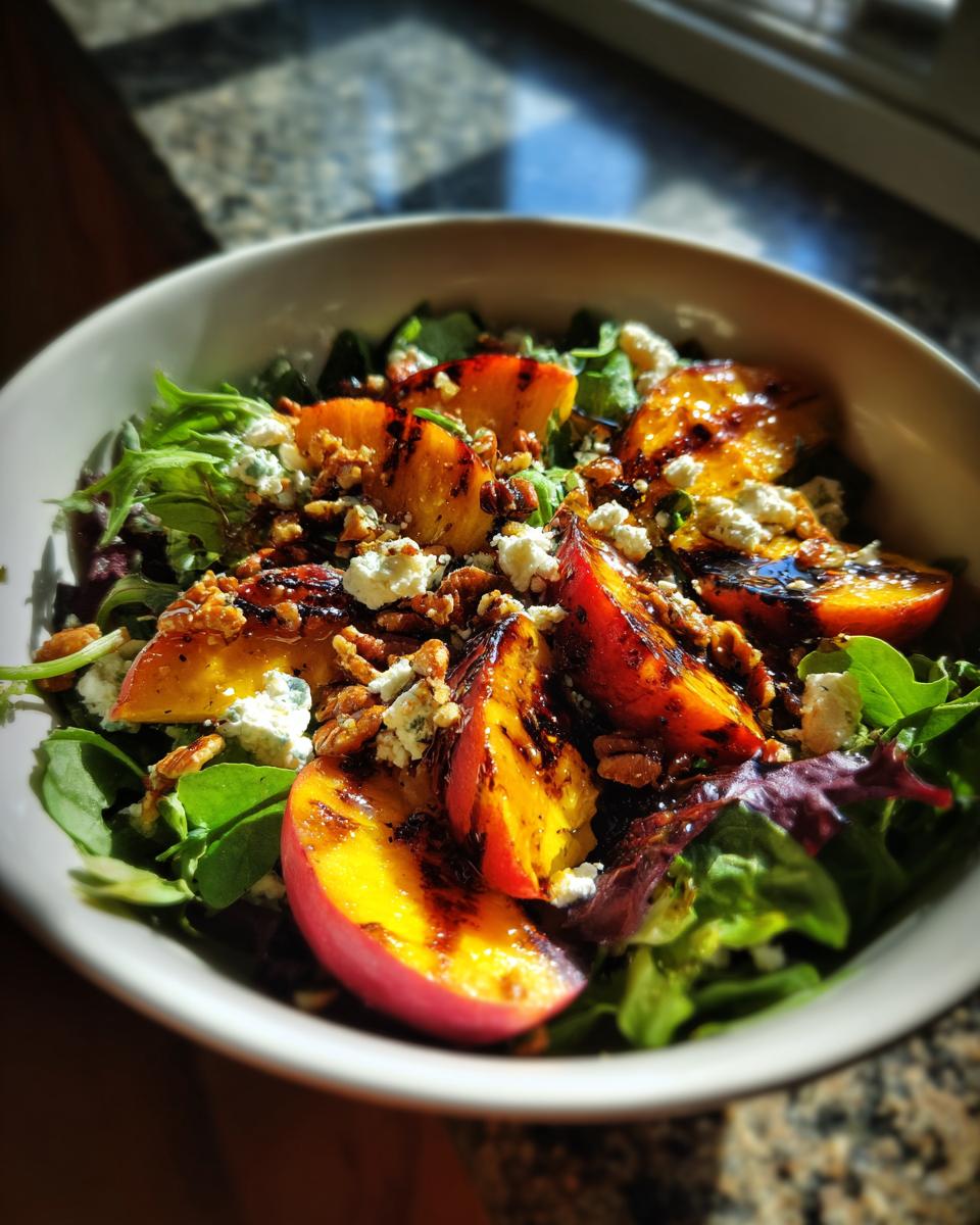 A bowl of grilled peach salad with mixed greens, crumbled blue cheese, and chopped nuts, drizzled with honey dressing.