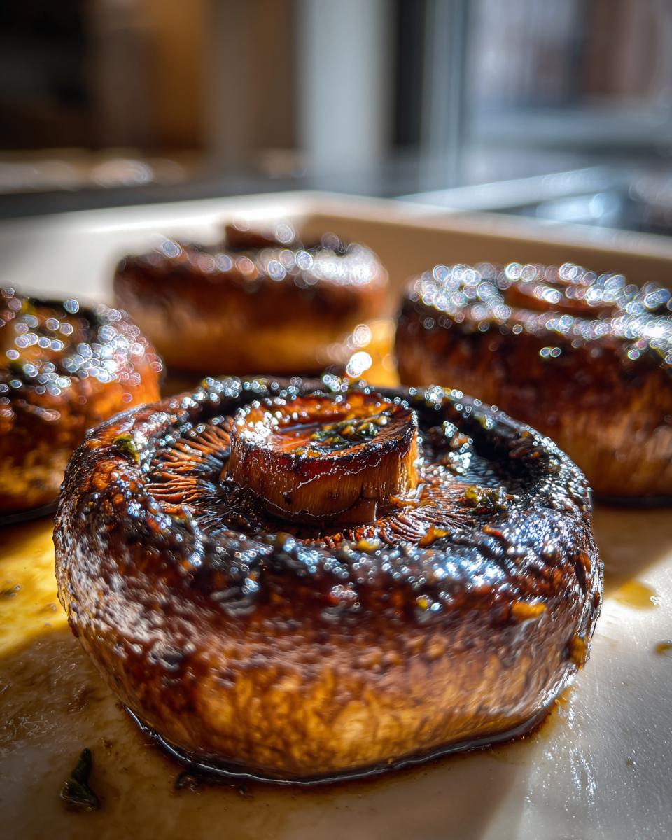 Close-up of perfectly grilled portobello mushrooms, glistening with marinade and herbs, ready for an easy outdoor meal.