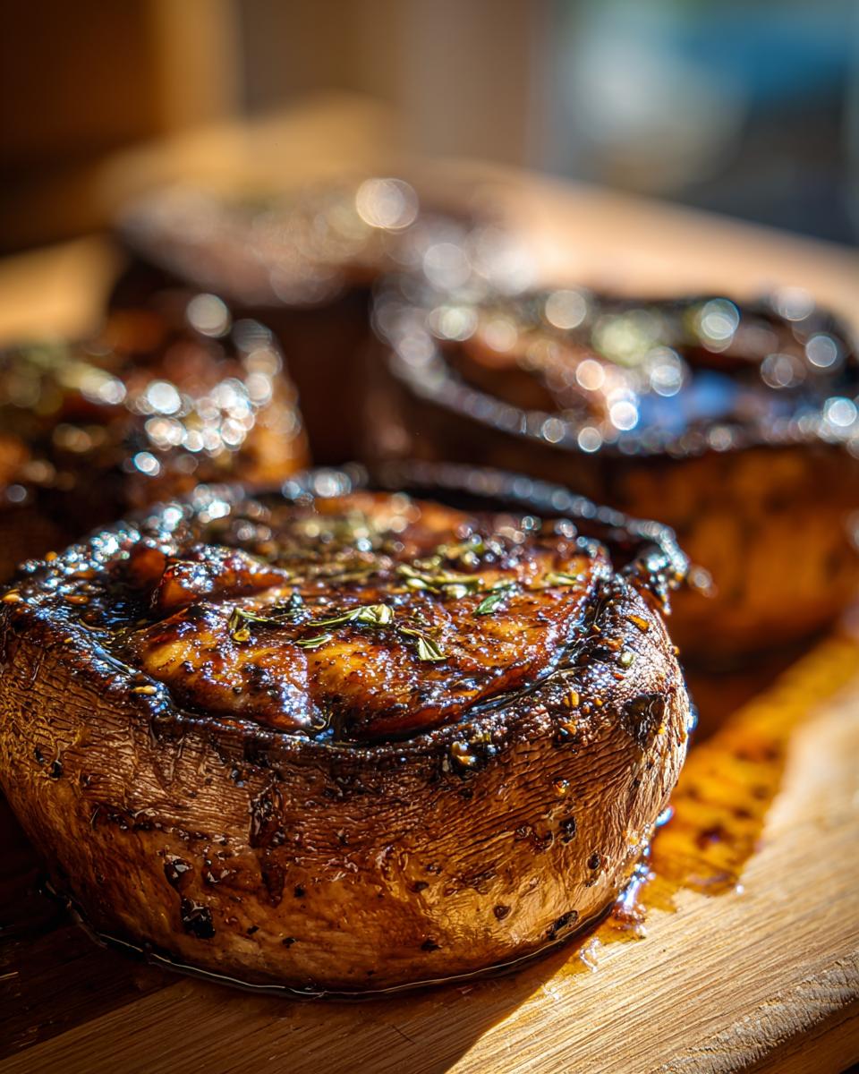 Close-up of a perfectly grilled portobello mushroom, glistening with marinade and topped with herbs, ready for an easy outdoor meal.