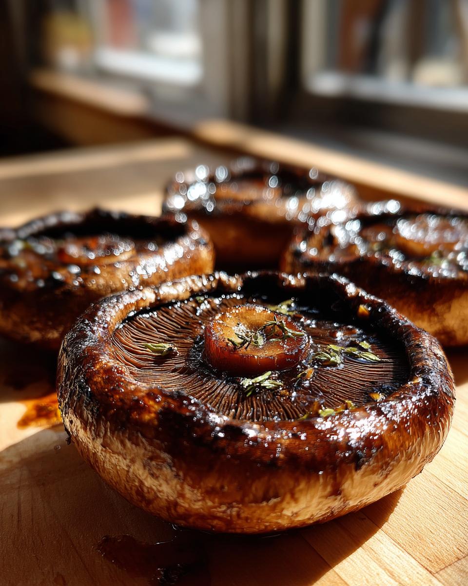 Close-up of four juicy grilled portobello mushrooms seasoned with herbs, ready for an easy outdoor meal.