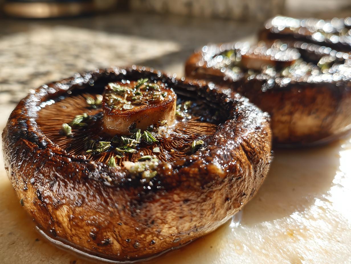 Close-up of perfectly grilled portobello mushrooms seasoned with herbs, ready for an easy outdoor meal.