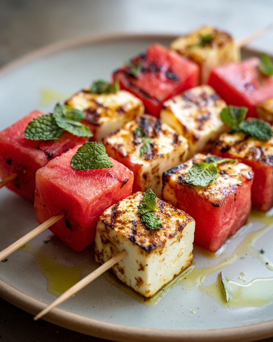 Close-up of grilled watermelon and halloumi cheese skewers garnished with fresh mint leaves.