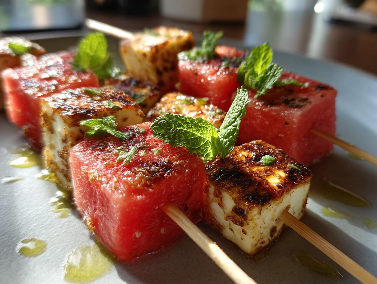 Close-up of grilled watermelon and halloumi cheese skewers, garnished with fresh mint leaves and drizzled with olive oil.