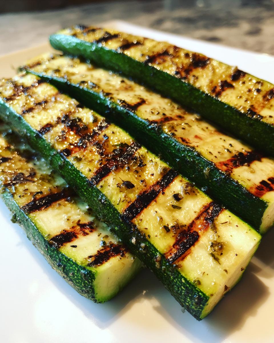 Close-up of perfectly grilled zucchini slices, seasoned with herbs, showcasing beautiful grill marks.