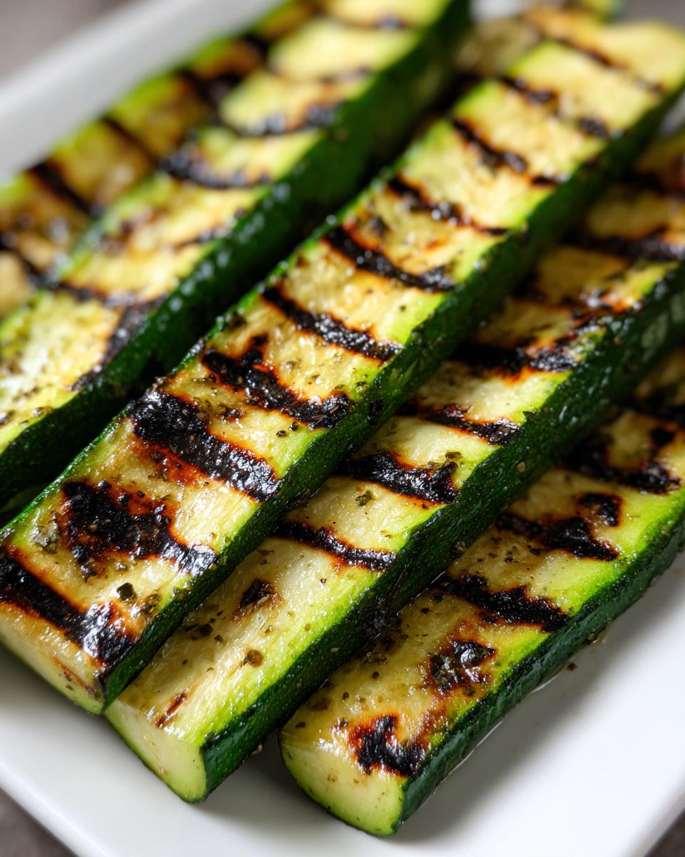 Close-up of perfectly grilled zucchini slices with char marks, seasoned with herbs, showcasing them as a delicious side dish.