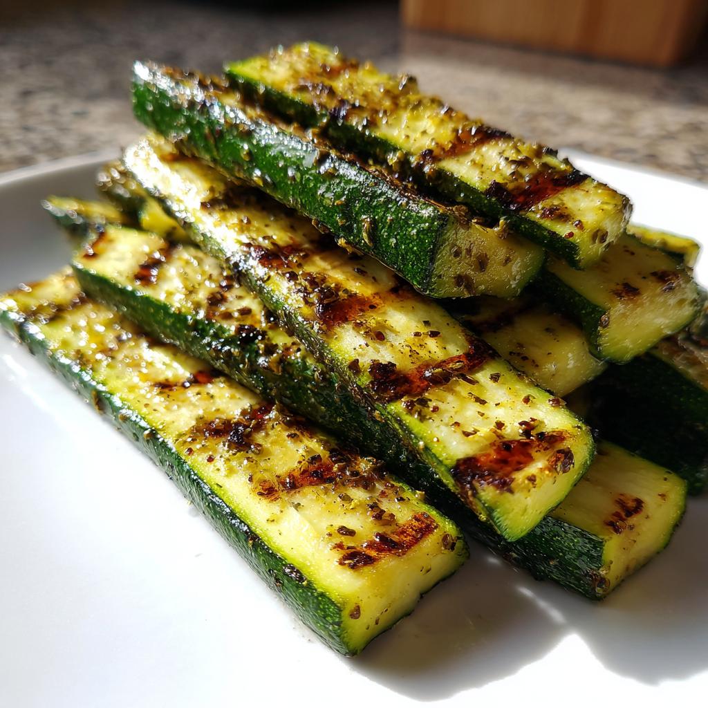 A stack of grilled zucchini sticks seasoned with herbs and spices, showcasing grill marks.