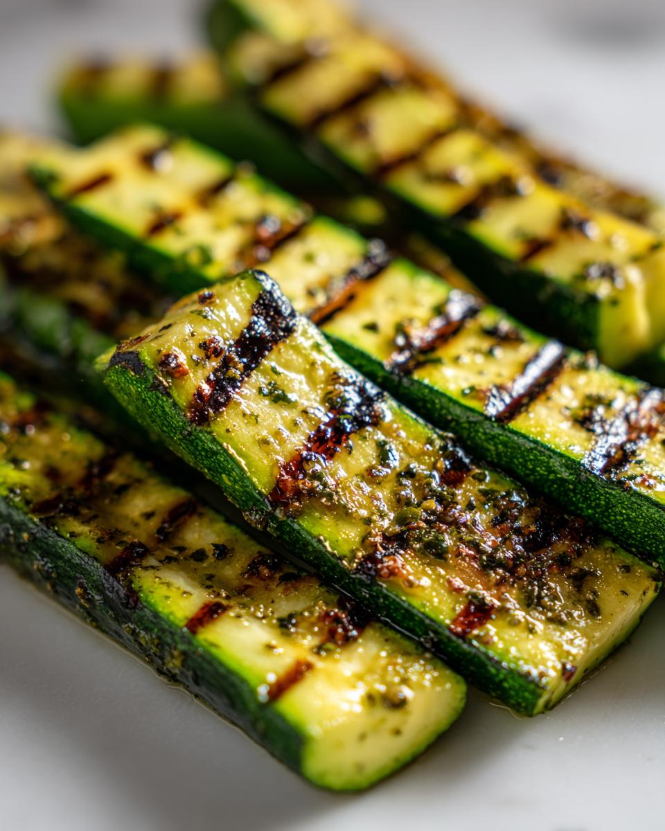 Close-up of grilled zucchini slices seasoned with herbs, showcasing grill marks.