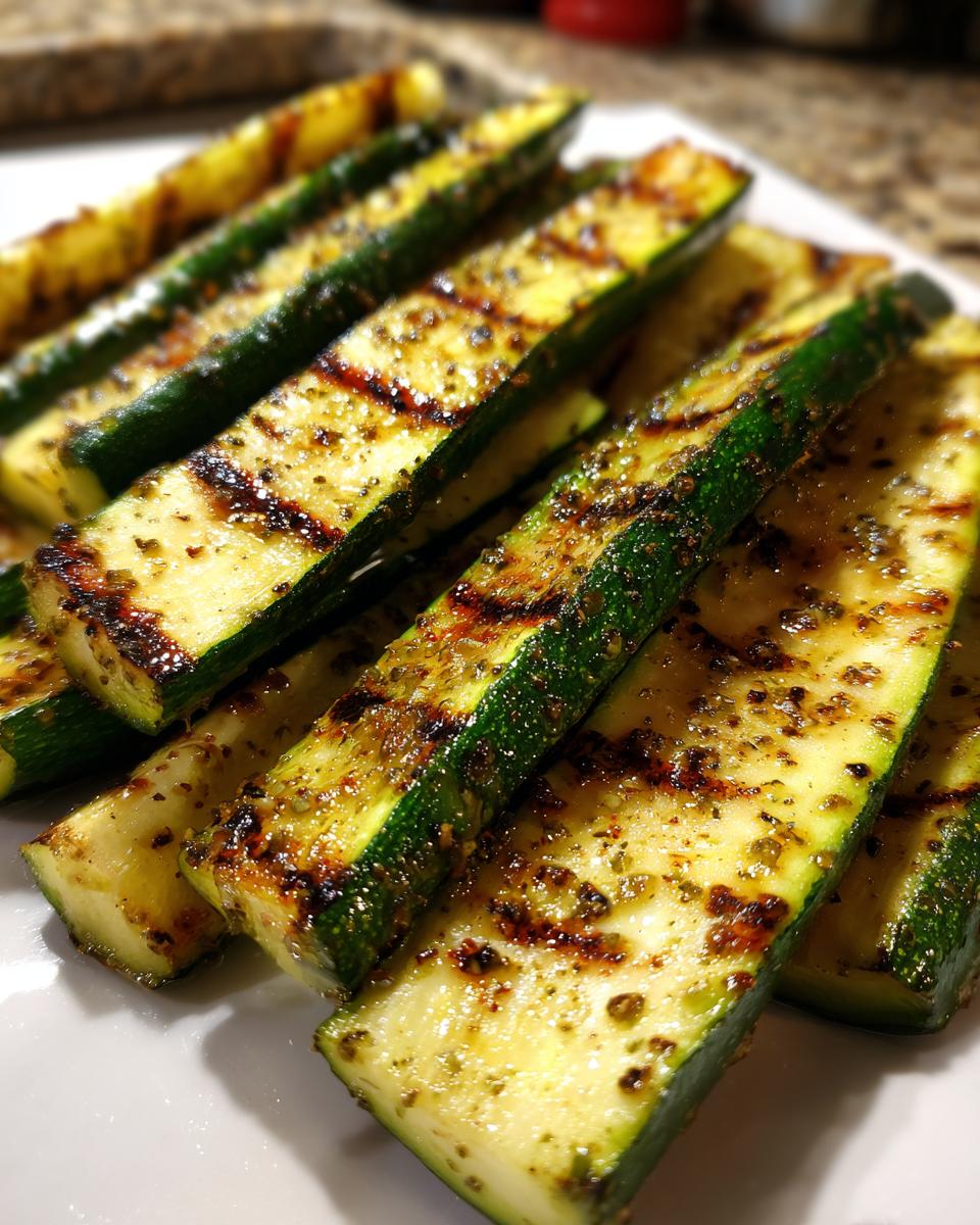 Close-up of grilled zucchini slices seasoned with herbs, showcasing grill marks.