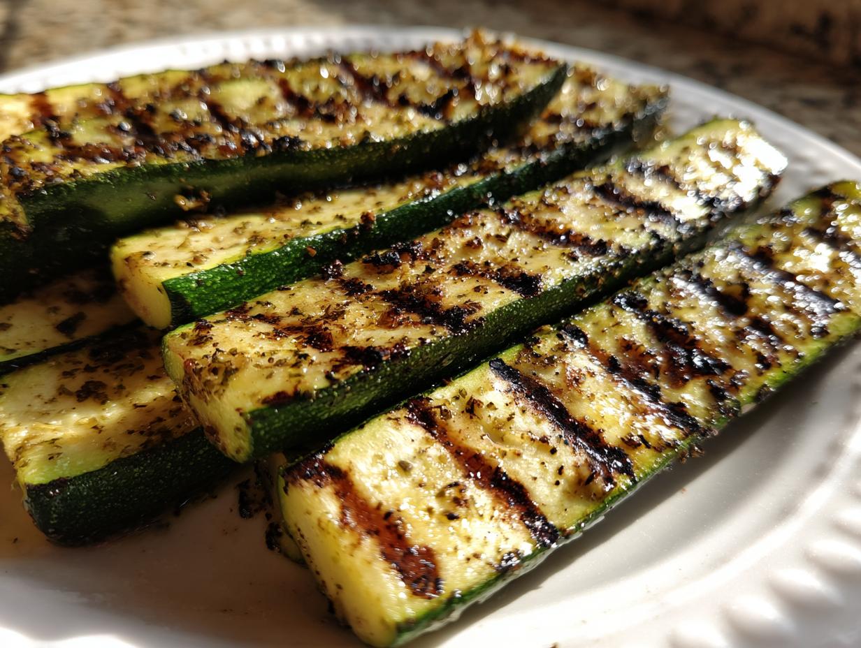 Close-up of perfectly grilled zucchini slices with char marks, seasoned with herbs, ready to serve as a side dish.