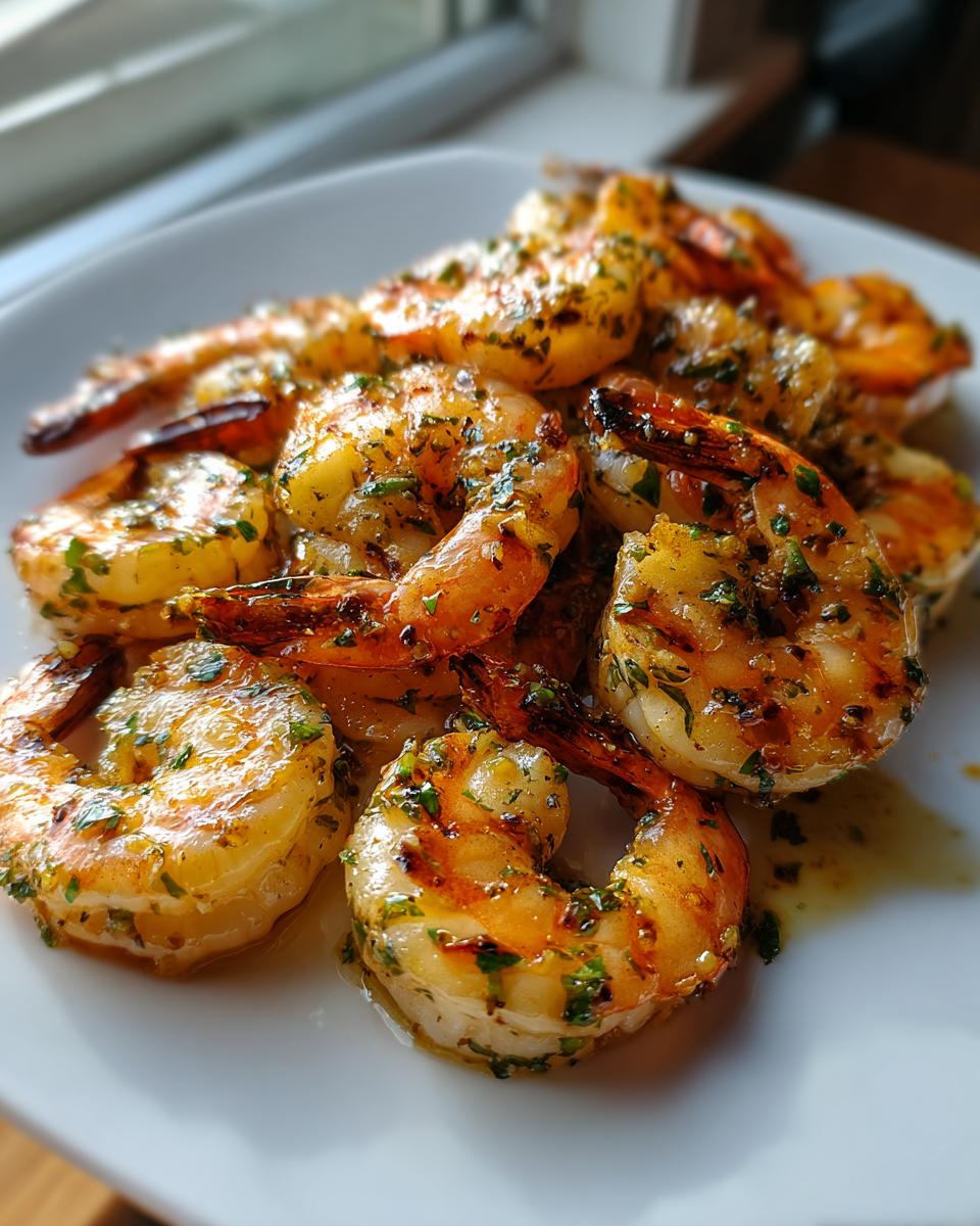 Close-up of grilled honey lime shrimp seasoned with herbs, ready for a fast cookout.