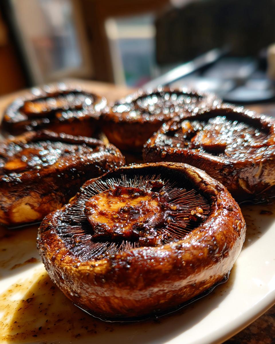 Close-up of several glistening, grilled portobello mushrooms with visible grill marks and marinade.