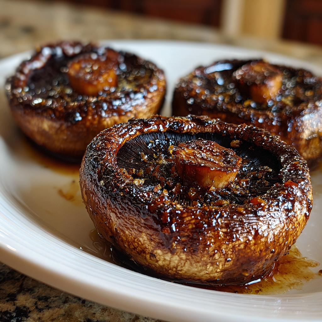 Three juicy grilled portobello mushrooms glistening with marinade on a white plate, ready for an easy outdoor meal.