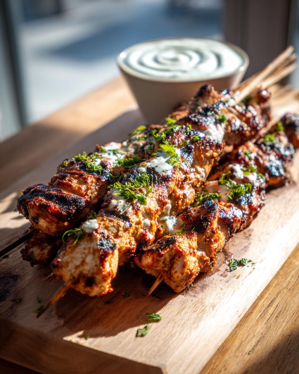 Close-up of smoky chicken skewers drizzled with garlic yogurt and fresh herbs on a wooden board.