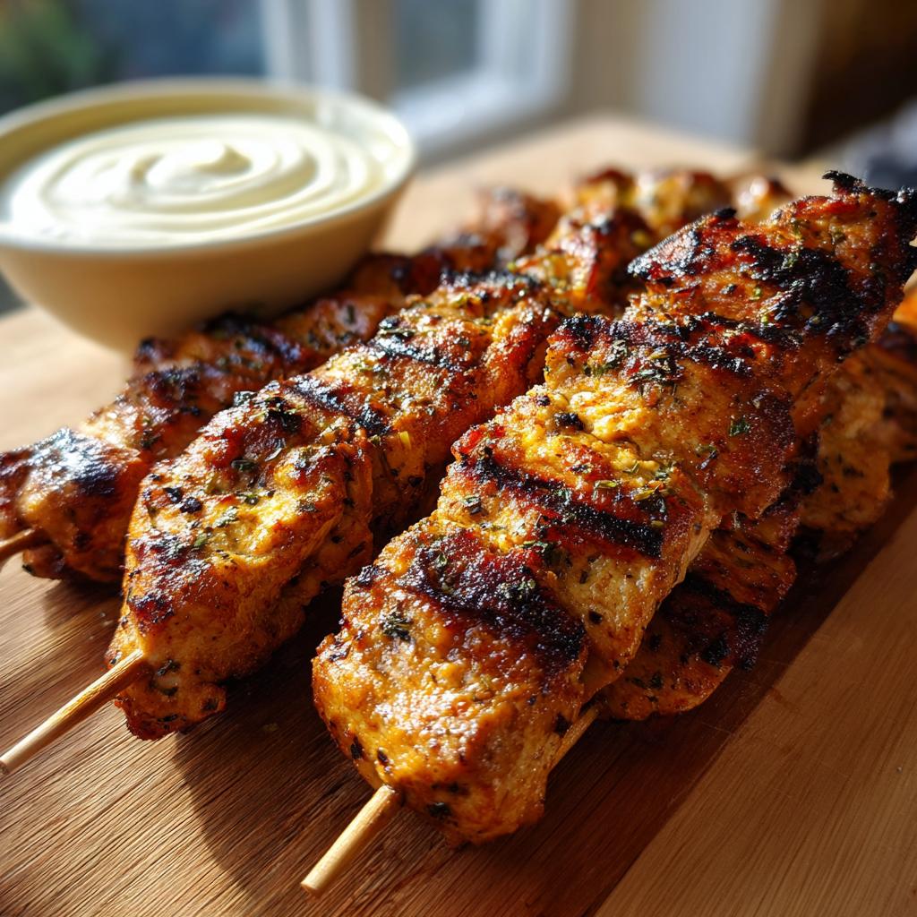 Close-up of perfectly grilled smoky chicken skewers with grill marks, served with garlic yogurt dip.