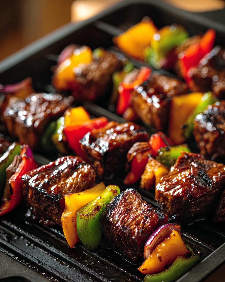 Close-up of juicy steak kabobs with colorful bell peppers and onions on a grill.