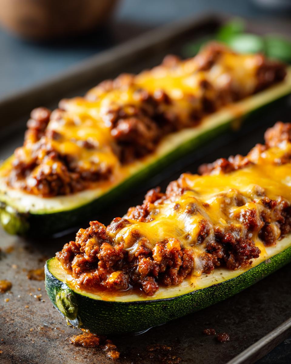 Close-up of two baked zucchini boats filled with seasoned ground beef and melted cheese.
