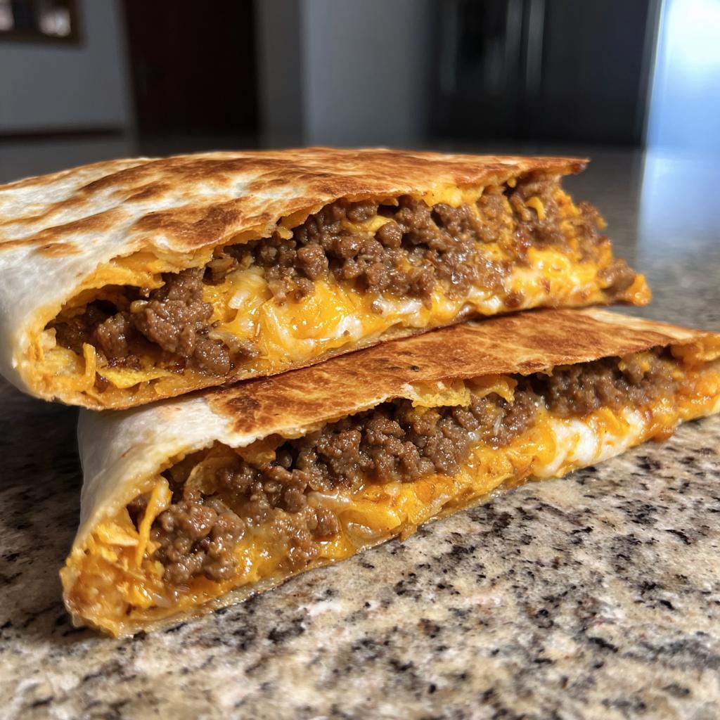 Close-up of a homemade ground beef crunchwrap cut in half, showing seasoned ground beef and melted cheese.