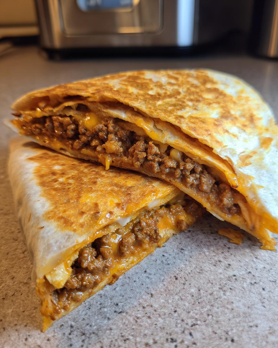 Close-up of a homemade ground beef crunchwrap cut in half, showing seasoned ground beef and melted cheese inside.