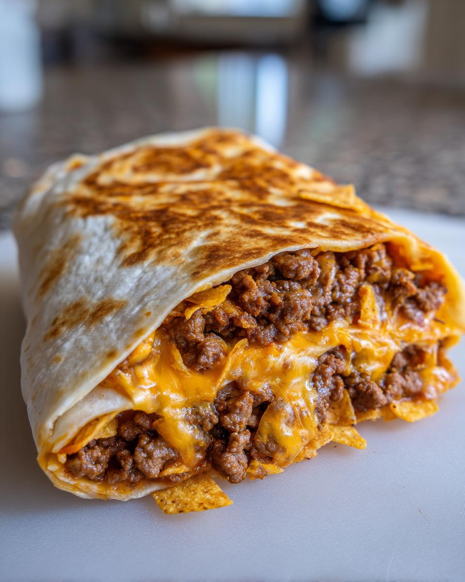 A close-up of a delicious homemade crunchwrap filled with seasoned ground beef, melted cheese, and crunchy chips.