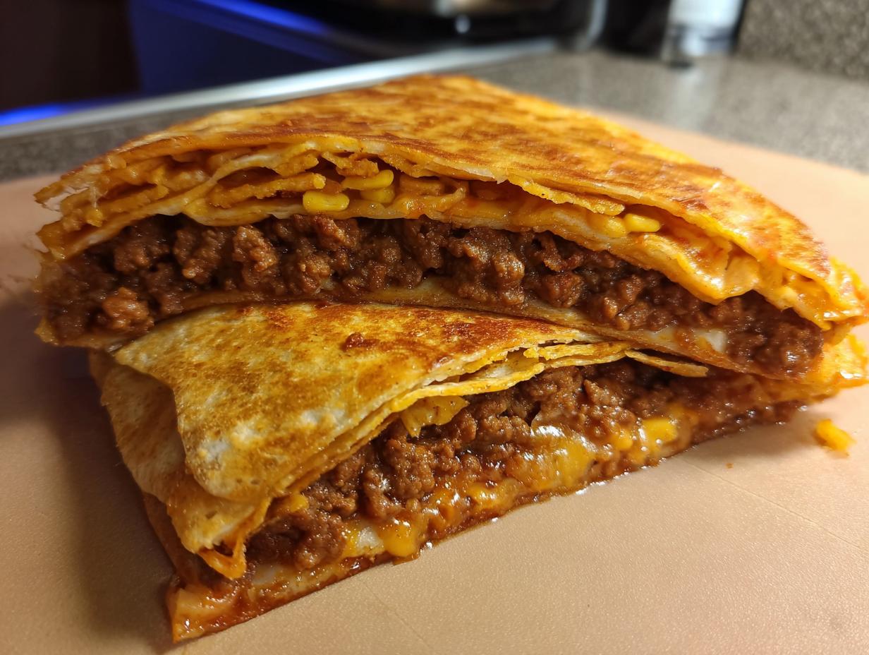 Close-up of a homemade ground beef crunchwrap cut in half, showing layers of seasoned ground beef and melted cheese.