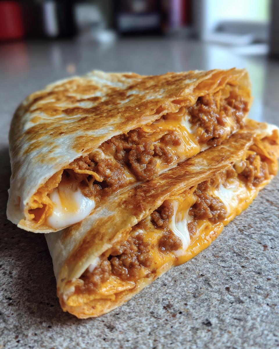 Close-up of a homemade ground beef crunchwrap cut in half, revealing seasoned ground beef and melted cheese.