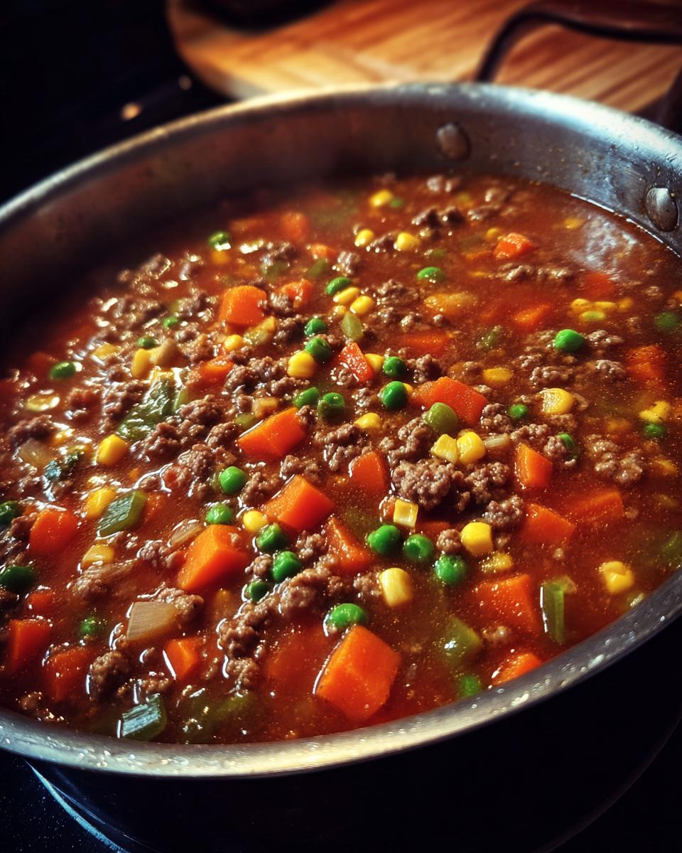 A close-up of a pot filled with hearty hamburger soup, featuring ground beef, carrots, peas, and corn in a rich broth.