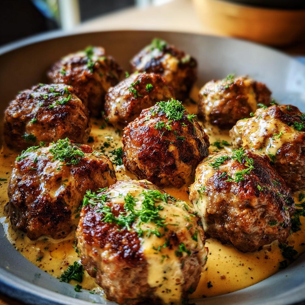 A close-up of delicious Swedish meatballs in a creamy sauce, garnished with fresh parsley. Perfect for ground beef recipes.